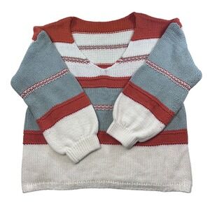 Womens Colorblock Striped Chunky Knit V-Neck Balloon Sleeve Sweater XL Loose Fit